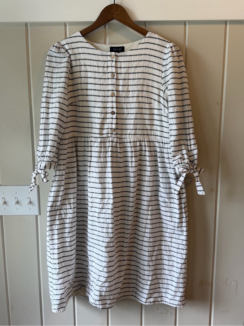 Roolee White and Black Striped Button-Front Babydoll Midi Dress, Size Small